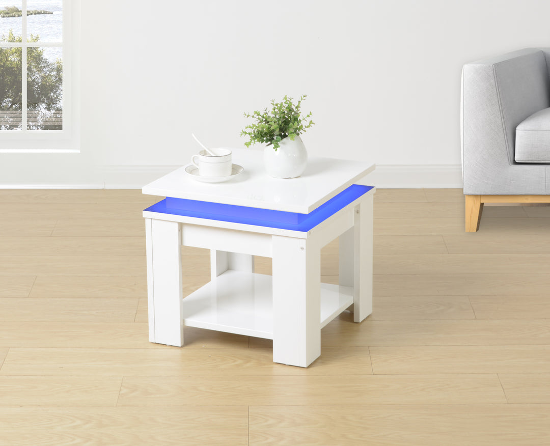 White Square Side Table with BLUE LED Light - EFFULGENCE