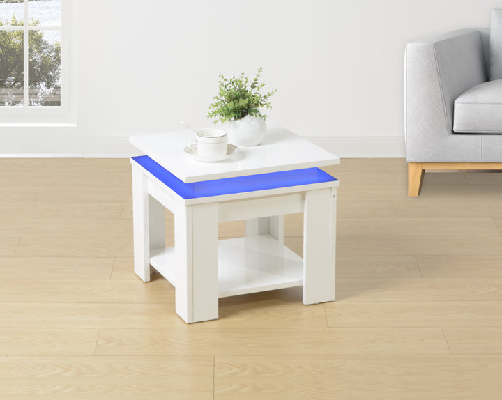 White Square Side Table with BLUE LED Light - EFFULGENCE