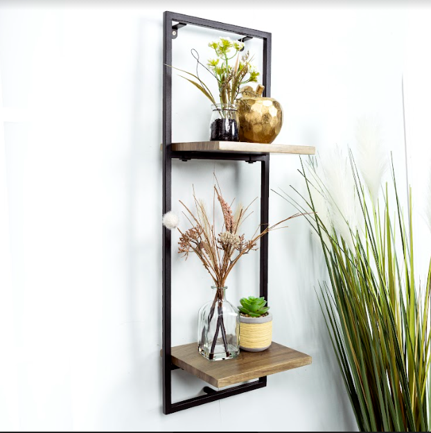 Narrow 2 Tier Dark OAK Floating Wall Shelf with Black Frame - PARGI