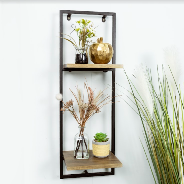 Narrow 2 Tier Dark OAK Floating Wall Shelf with Black Frame - PARGI