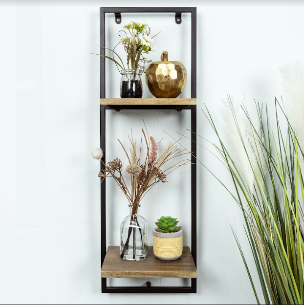 Narrow 2 Tier Dark OAK Floating Wall Shelf with Black Frame - PARGI