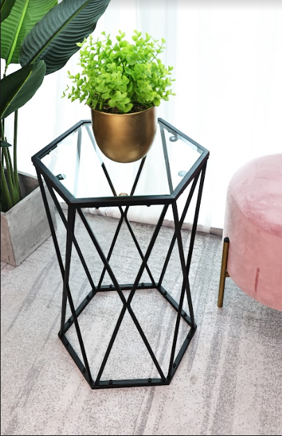 Hexagon Tempered Glass Black Side Table (Small) - SLENDER