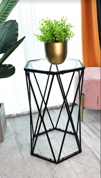 Hexagon Tempered Glass Black Side Table (Small) - SLENDER