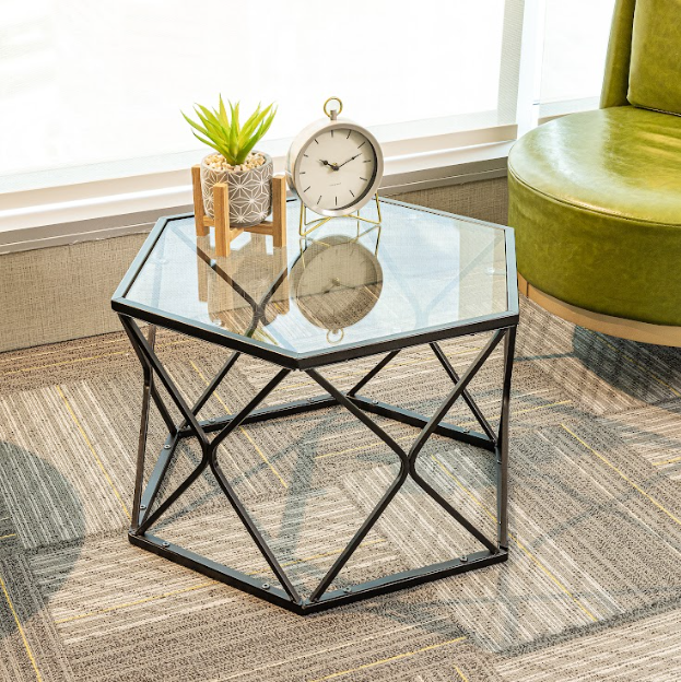 Hexagon Tempered Glass  Black Coffee Side Table (Big) - SLENDER