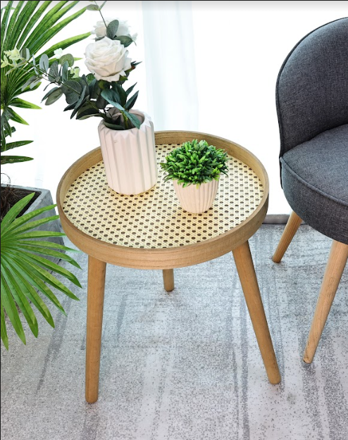 Cane Oak Round Side Table - SLENDER