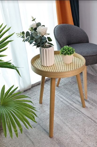 Cane Oak Round Side Table - SLENDER