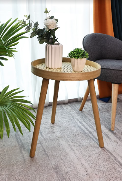 Cane Oak Round Side Table - SLENDER