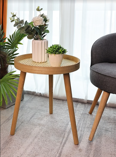 Cane Oak Round Side Table - SLENDER