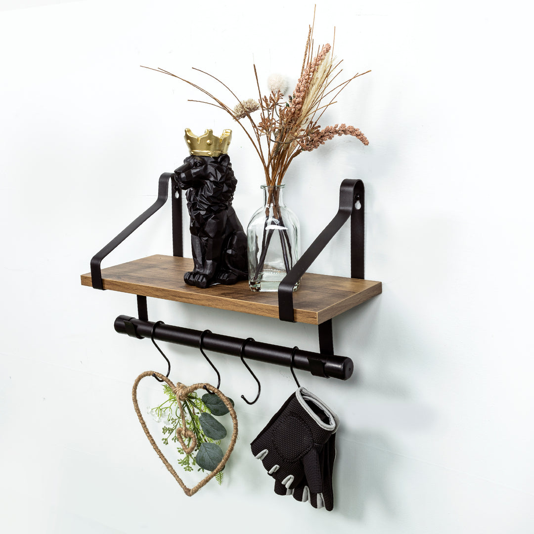 1 Tier Dark Oak Wall Shelf with Black Rail Hanging Frame - PARGI