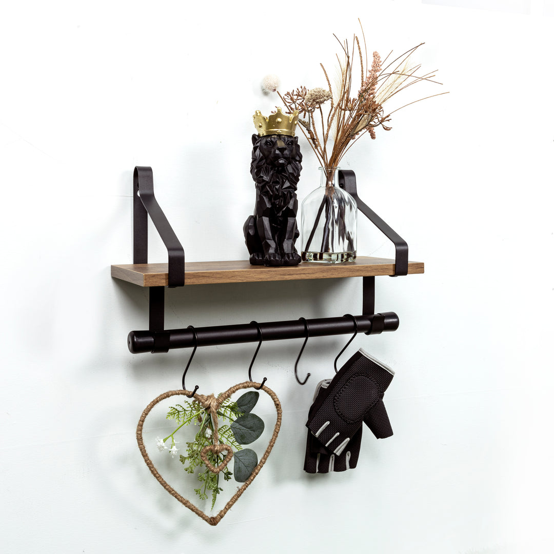 1 Tier Dark Oak Wall Shelf with Black Rail Hanging Frame - PARGI