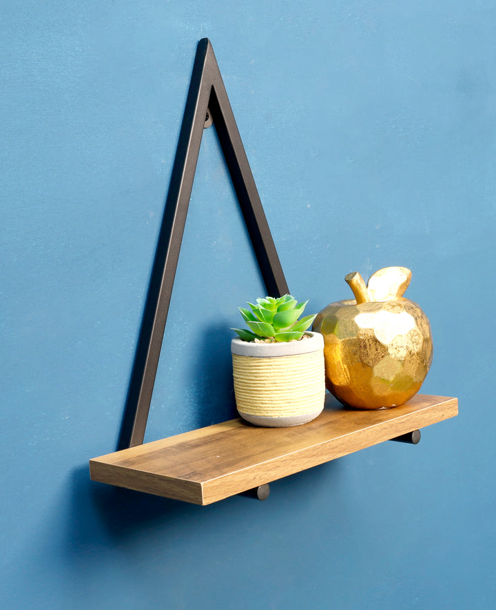 1 Tier Dark OAK Triangle Wall Shelf with Black Metal Frame - PARGI