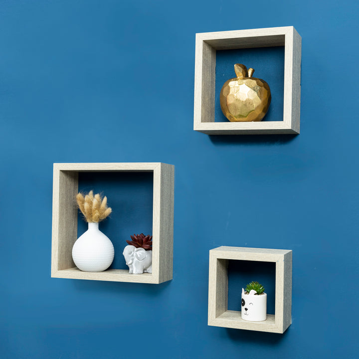 Set of 3 Cube Oak Floating Wall Shelf - CHELF