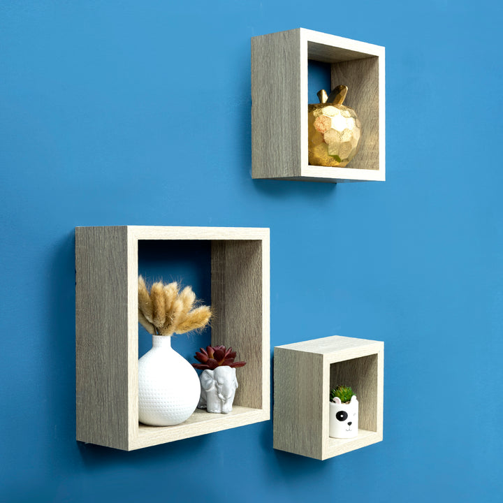 Set of 3 Cube Oak Floating Wall Shelf - CHELF