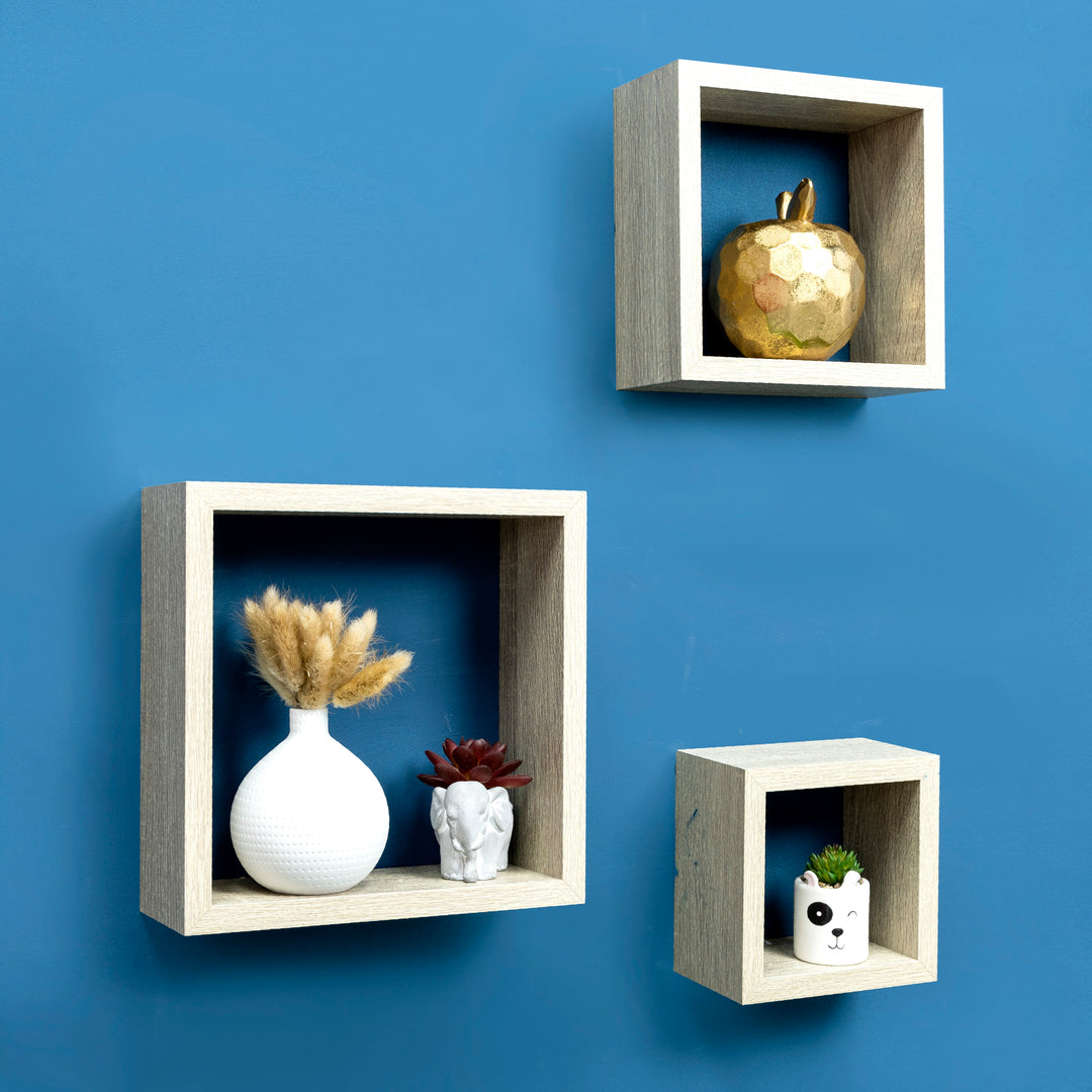 Set of 3 Cube Oak Floating Wall Shelf - CHELF