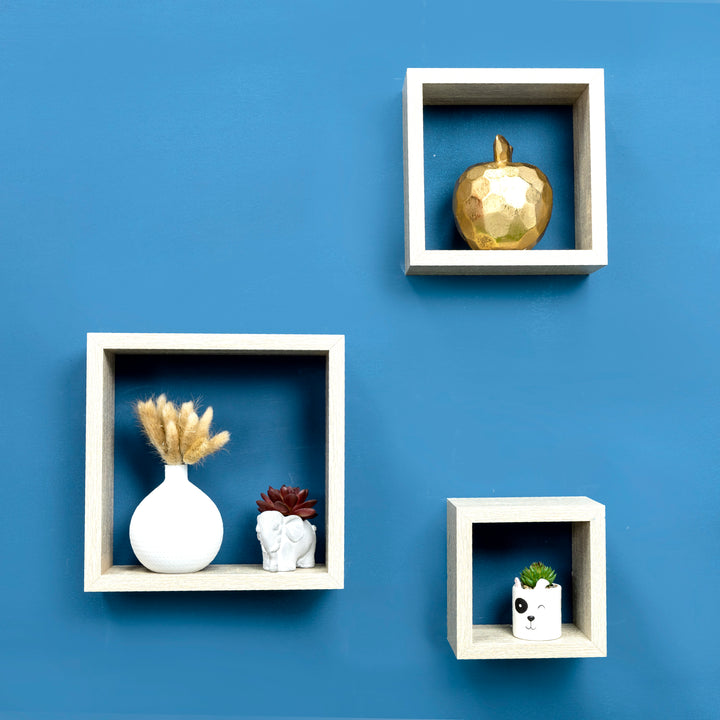 Set of 3 Cube Oak Floating Wall Shelf - CHELF