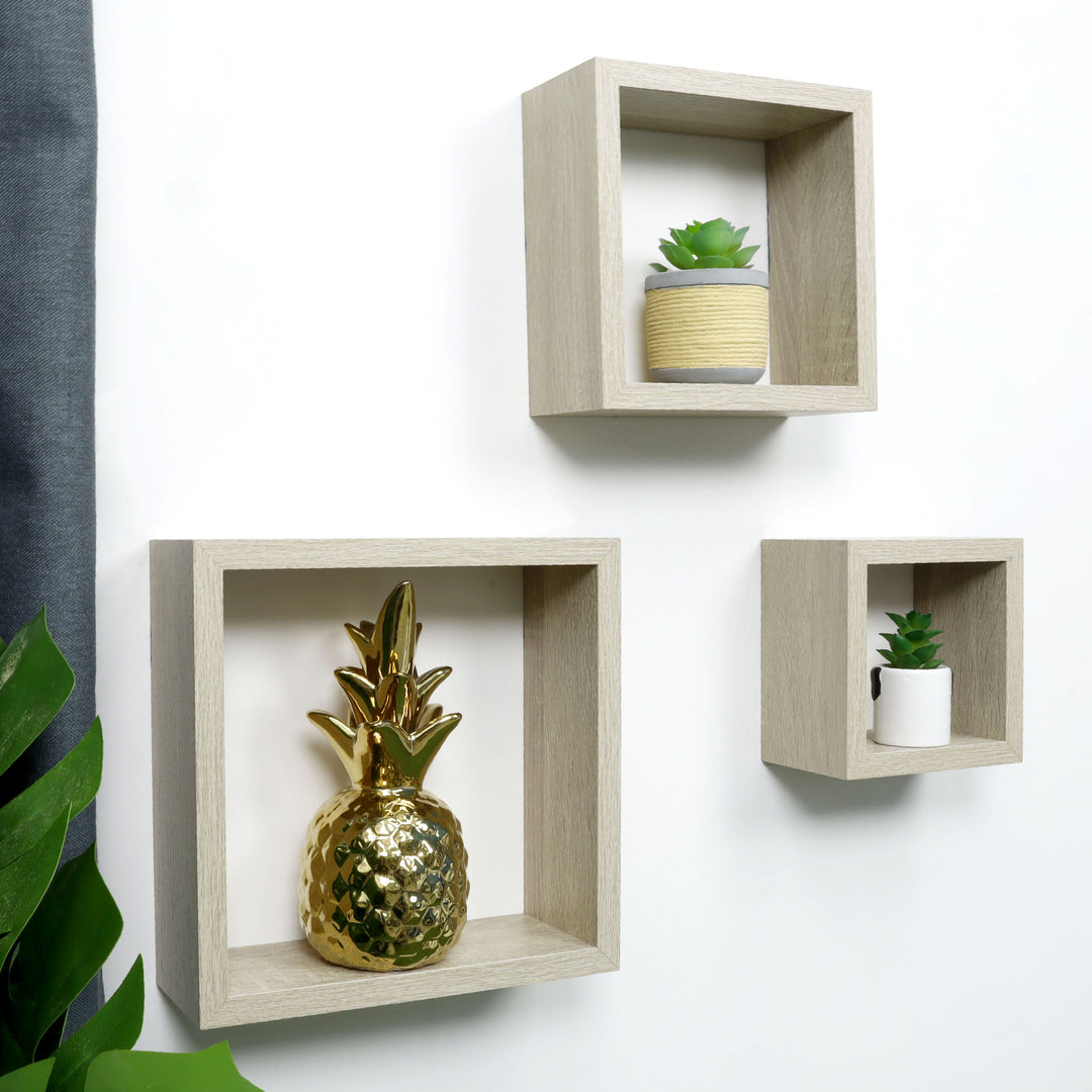 Set of 3 Cube Oak Floating Wall Shelf - CHELF