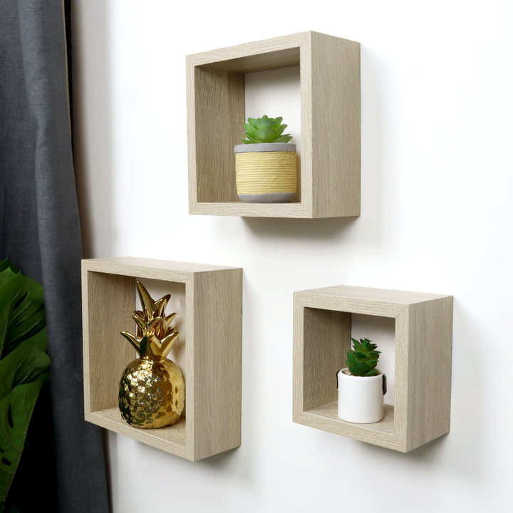 Set of 3 Cube Oak Floating Wall Shelf - CHELF