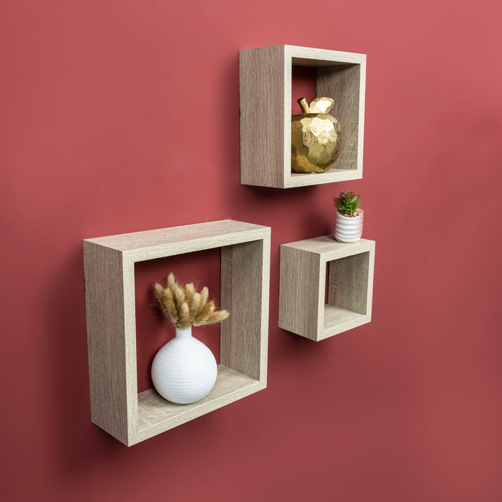 Set of 3 Cube Oak Floating Wall Shelf - CHELF