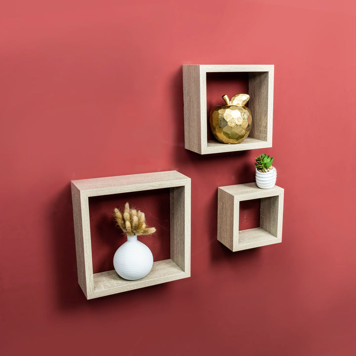 Set of 3 Cube Oak Floating Wall Shelf - CHELF