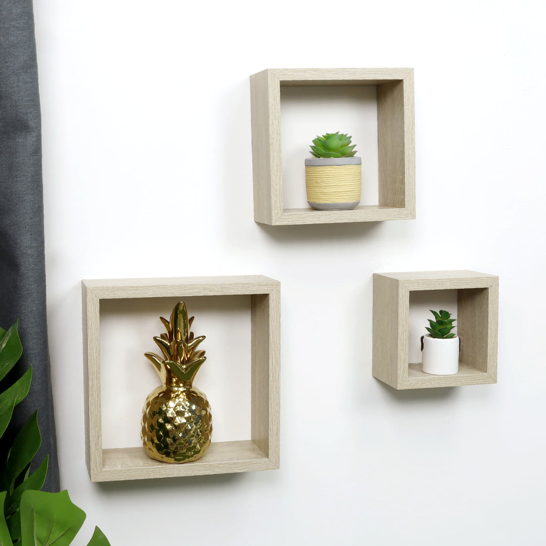 Set of 3 Cube Oak Floating Wall Shelf - CHELF