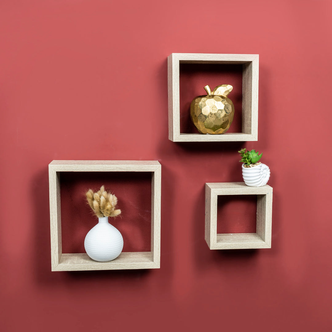 Set of 3 Cube Oak Floating Wall Shelf - CHELF