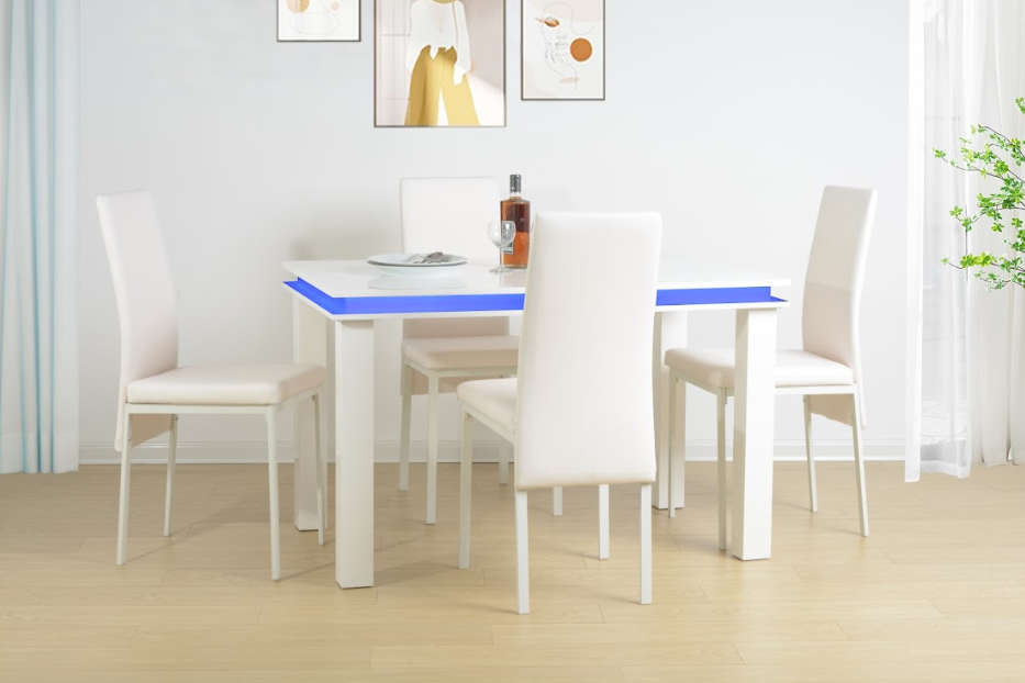 5 Piece Dining Table Set High Gloss WHITE with Blue LED Light - EFFULGENCE